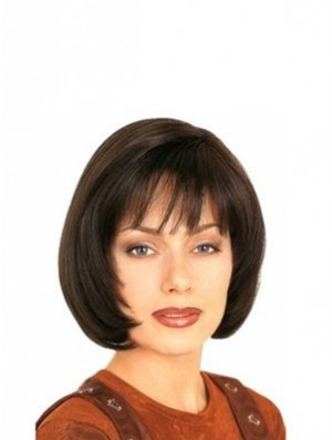 With Bangs Durable Straight Brown Chin Length Real Hair Wigs