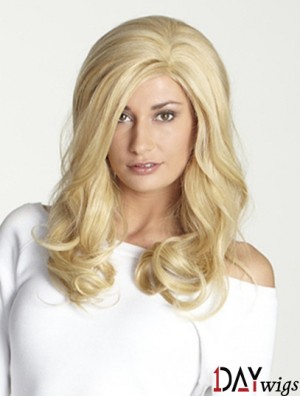 Without Bangs Long Blonde Wavy 18 inch Perfect Real Hair Wigs