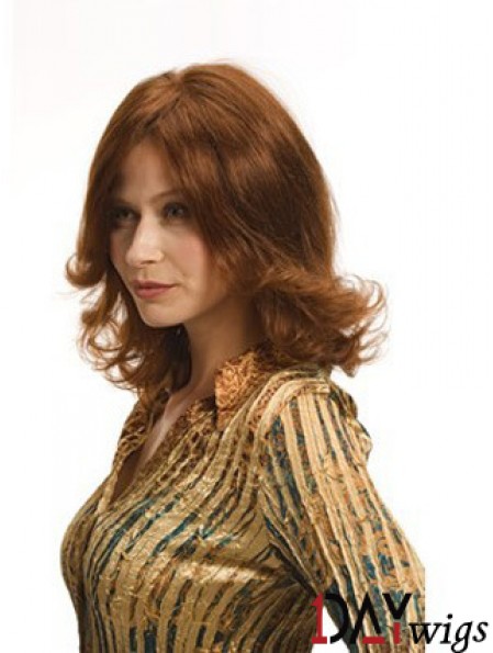 Layered Auburn Shoulder Remy Real Wavy Monofilament Wigs For Women