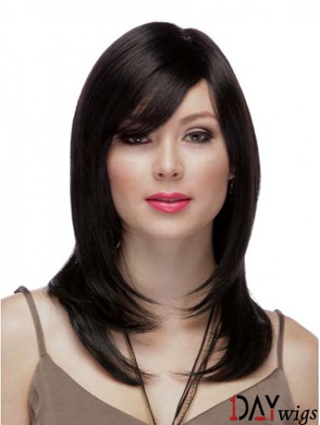 Straight Layered 100% Hand-tied High Quality 16 inch Black Long Wigs