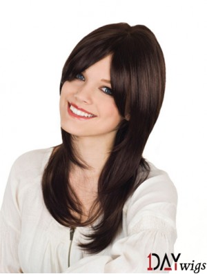 With Bangs Long Brown Wavy 16 inch Durable Real Hair Wigs