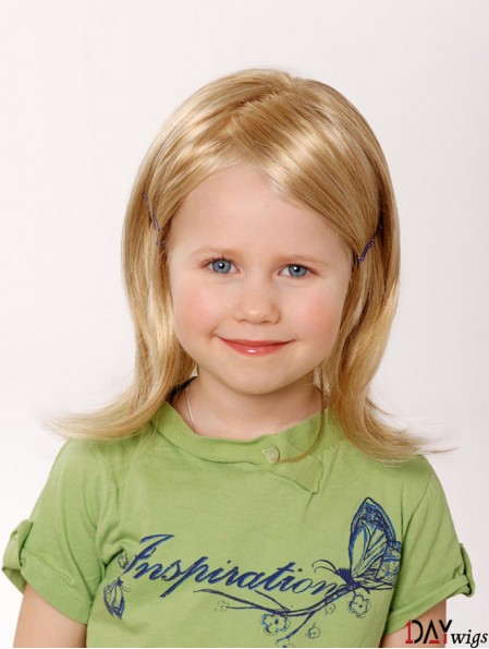 100% Hand-tied 12 inch Straight Shoulder Length Without Bangs Blonde Remy Real Hair Wigs For Kids