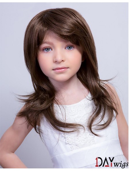 Monofilament 15 inch Straight Long With Bangs Brown Remy Real Hair Kids Wigs Cheap