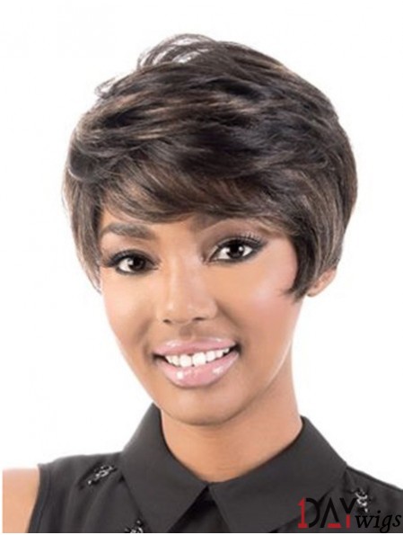 Short Capless Brown Wavy With Bangs Black Woman Real Hair