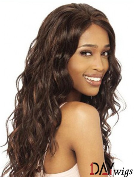 Without Bangs Modern Wavy Brown Long Real Hair Lace Front Wigs