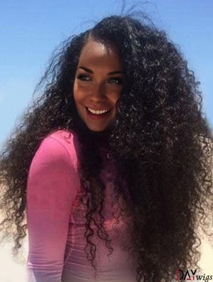 Black 24 inch Lace Front Remy Real Kinky Curly Wigs For African American Women