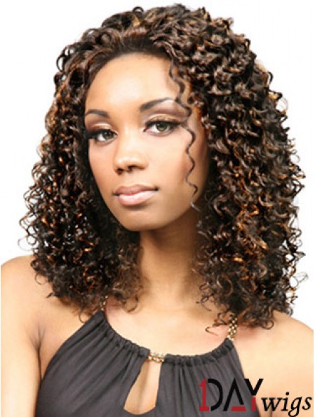 Durable Shoulder Length Kinky 18 inch Synthetic Glueless Lace Front Wigs