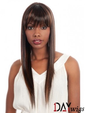 Long Brown Yaki With Bangs Fashionable African American Wigs