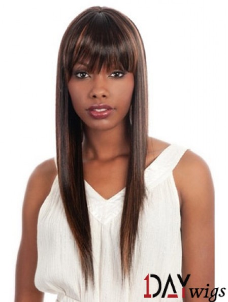 Long Brown Yaki With Bangs Fashionable African American Wigs