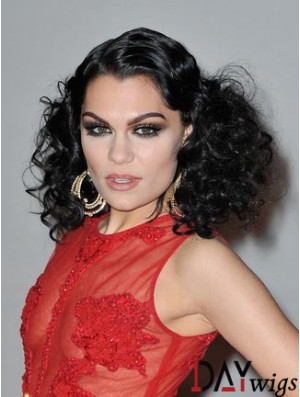 16 inch Sleek Black Shoulder Length Curly Classic  Wigs
