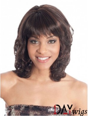 Shoulder Length Brown Wavy With Bangs Fashion African American Wigs