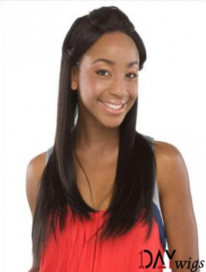 Without Bangs Sleek Straight Black Long Real Hair Lace Front Wigs