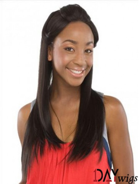 Without Bangs Sleek Straight Black Long Real Hair Lace Front Wigs
