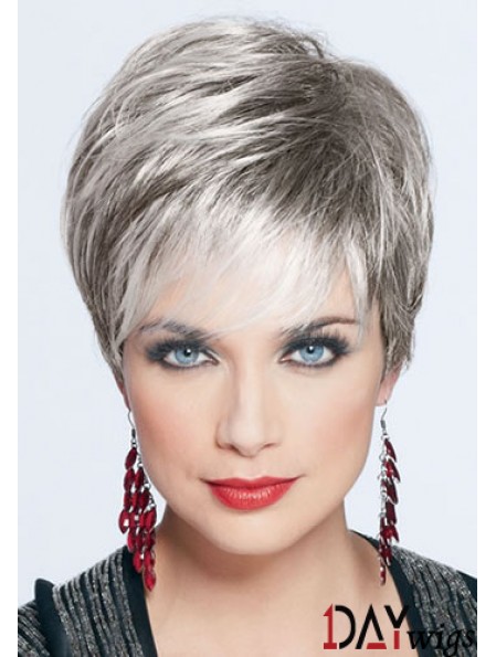 Short Grey Wig With Monofilament Synthetic Straight Style Cropped Length