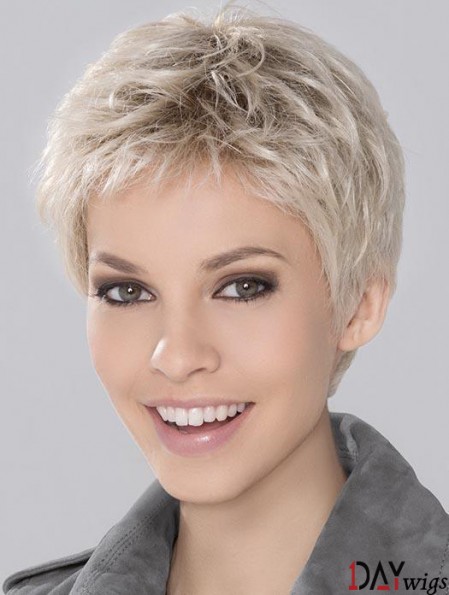 Blonde Synthetic Incredible Cropped Platinum Wavy Monofilament Wigs For Women