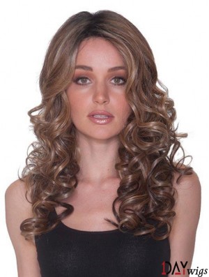 Without Bangs 100% Hand-tied 18 inch Curly Brown Long Wigs