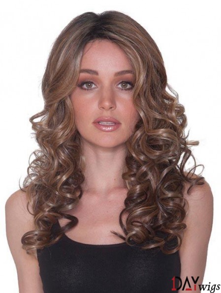 Without Bangs 100% Hand-tied 18 inch Curly Brown Long Wigs