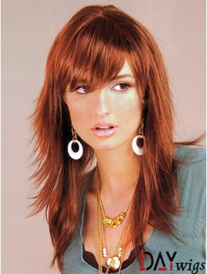 Auburn Color Capless Long Length Layered Cut With Bangs Synthetic Wigs