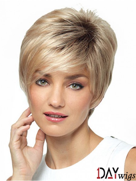 Synthetic Short Ladies Wig With Bangs Short Length Blonde Color