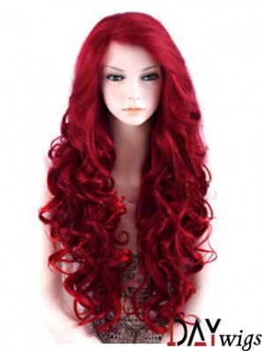 24 inch Red Long Wavy Large Cap Synthetic Lace Front Wigs