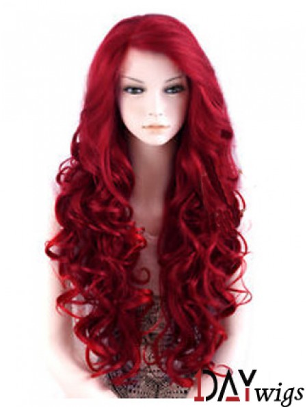 24 inch Red Long Wavy Large Cap Synthetic Lace Front Wigs