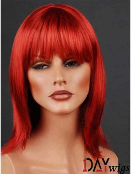 Synthetic Lacefront Wig Monofilament Straight Style Red Color With Bangs