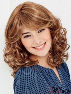 100% Hand Tied Shoulder Blonde Wavy With Bangs Short Synthetic Shaggy Wigs