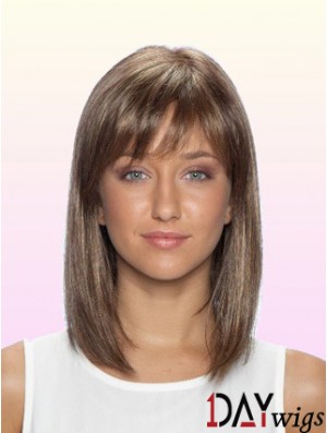 Straight With Bangs Shoulder Length Brown No-Fuss Lace Front Wigs
