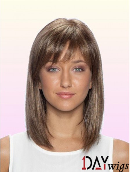 Straight With Bangs Shoulder Length Brown No-Fuss Lace Front Wigs