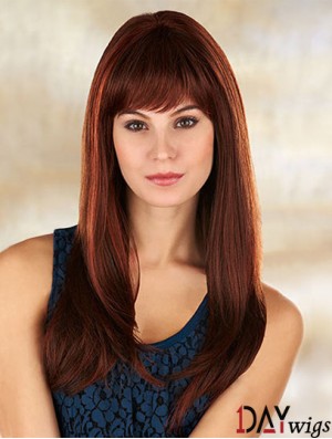 Comfortable Auburn Straight With Bangs Long Wigs