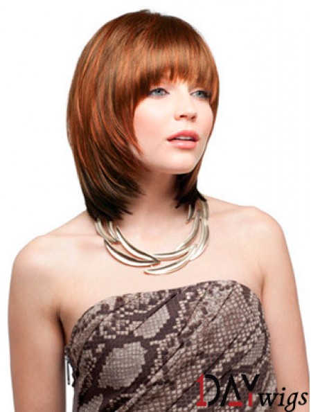Chin Length With Bangs Straight Auburn No-Fuss Synthetic Wigs