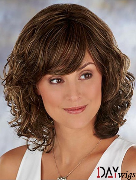 Brown Shoulder Length Wavy With Bangs 13 inch High Quality Medium Wigs