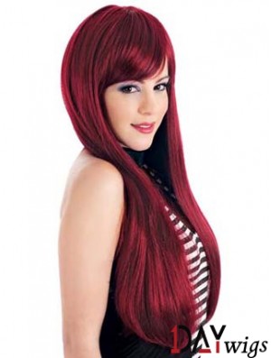 Straight With Bangs Lace Front Ideal 24 inch Red Long Wigs