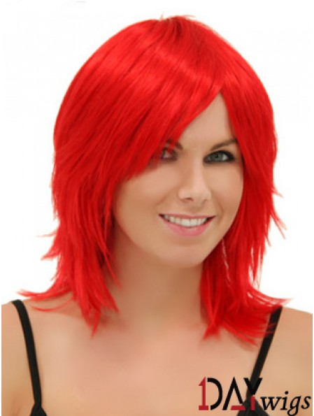 Red Shoulder Length Straight Without Bangs 14 inch Modern Medium Wigs