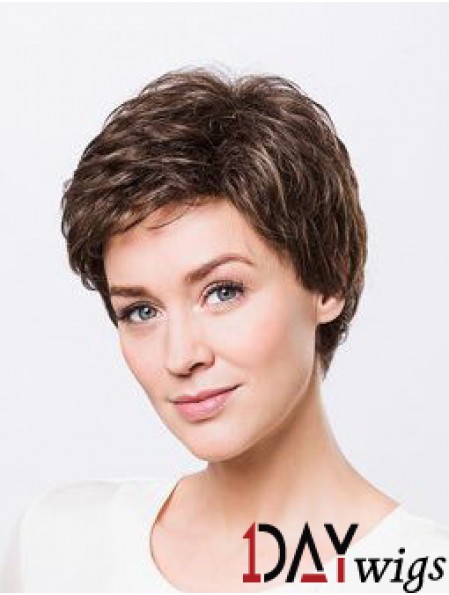 Brown Boycuts Short 8 inch Wavy Synthetic Ladies Monofilament Wigs