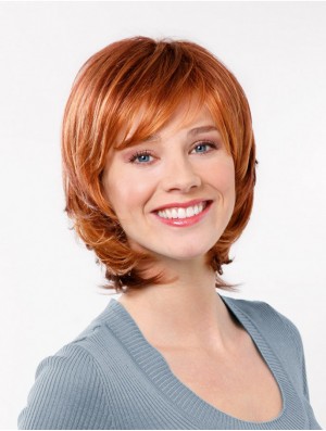 Wavy With Bangs Capless 11 inch Red Shoulder Length Sleek Synthetic Wigs