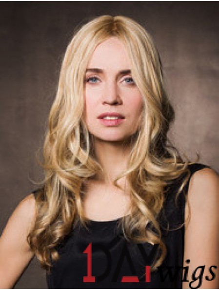 Monofilament Synthetic 17 inch Long Wavy Blonde Without Bangs Cheap Wigs For Cancer Patients