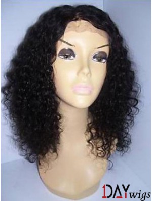 Black Color Shoulder Length Curly Real Hair With Lace Front Wigs For Black African American Women