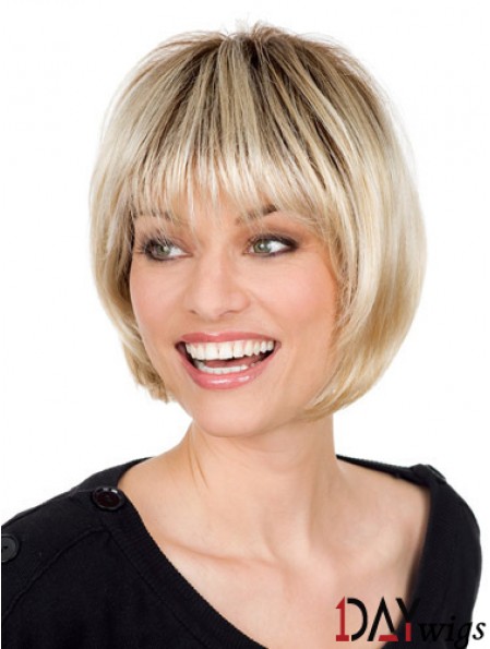 Blonde Monofilament Wig With Bangs Straight Style Chin Length