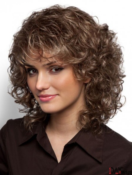 Mono Wigs Sale With Bangs Curly Style Brown Color Shoulder Length