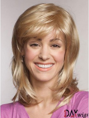 Straight With Bangs Shoulder Length Blonde Popular Lace Front Wigs