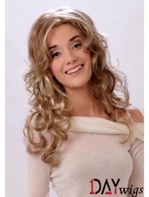 Flexibility Blonde Wavy With Bangs Monofilament Long Wigs