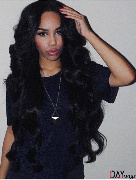Remy Real Hair 26 inch Without Bangs Black Wavy 360 Lace Wigs
