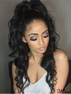 Remy Real Hair 26 inch Without Bangs Black Wavy 360 Lace Wigs