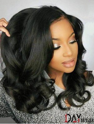 Remy Real Hair Black Wavy 18 inch Without Bangs 360 Lace Wigs