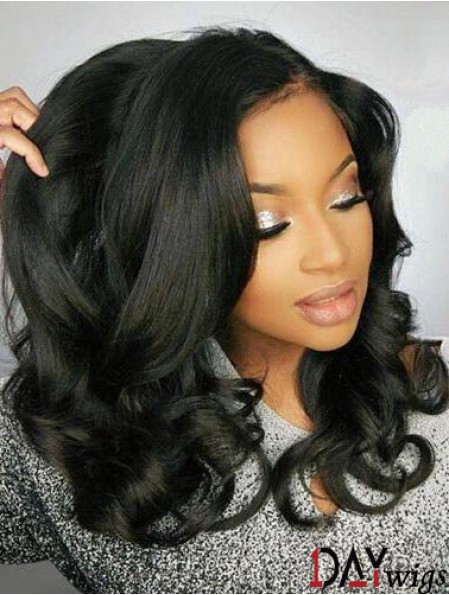 Remy Real Hair Black Wavy 18 inch Without Bangs 360 Lace Wigs
