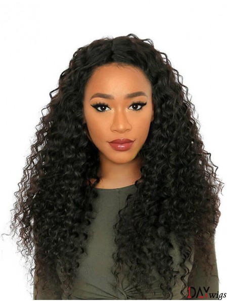 24 inch Without Bangs Black Curly Remy Real Hair 360 Lace Wigs