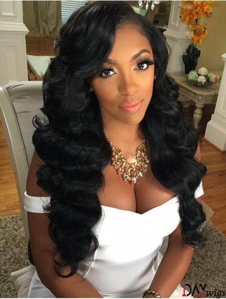 Remy Real Hair Black Wavy 22 inch Without Bangs 360 Lace Wigs