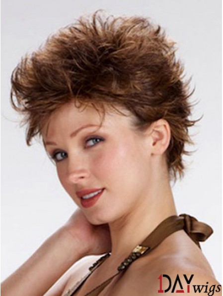 100% Hand Tied Cropped Brown Wavy Boycuts Monofilament Wig Sale