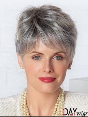 Monofilament Lace Wigs Grey Cut Straight Style Short Length